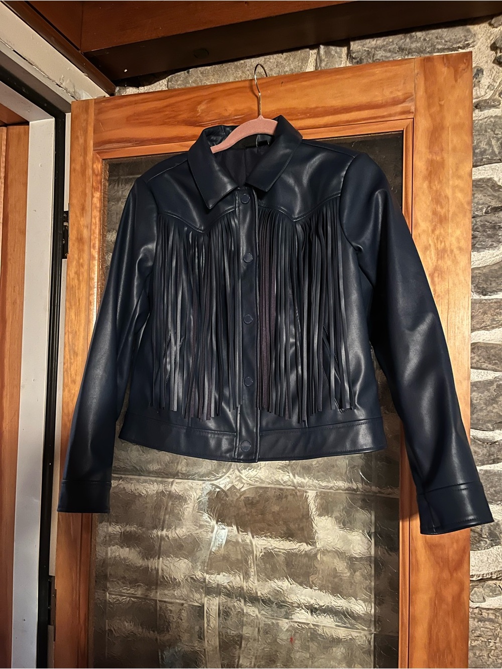 G by Giuliana Navy Faux Leather Fringe Jacket